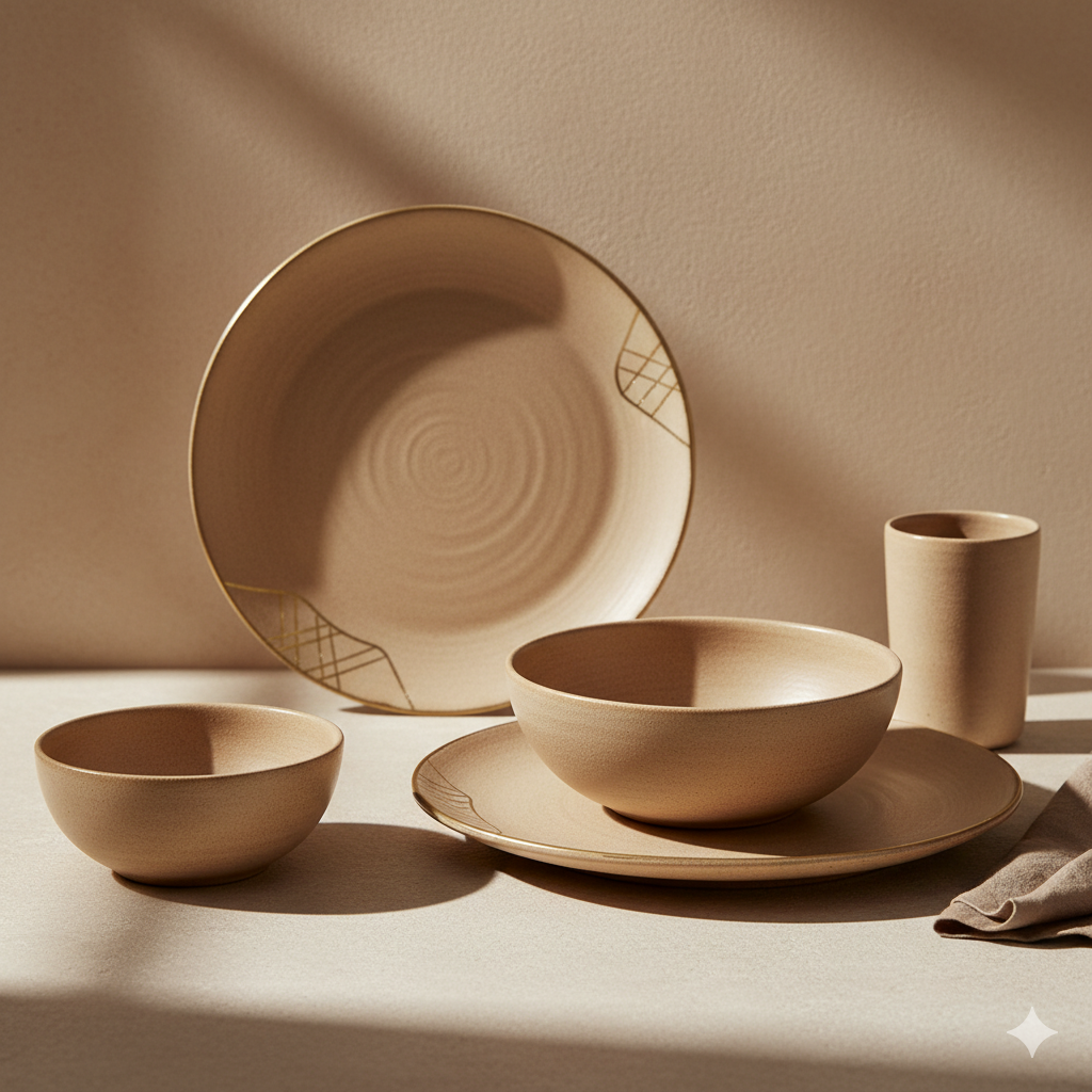 Handcrafted Moroccan ceramic tableware set arranged on a neutral surface for hospitality use