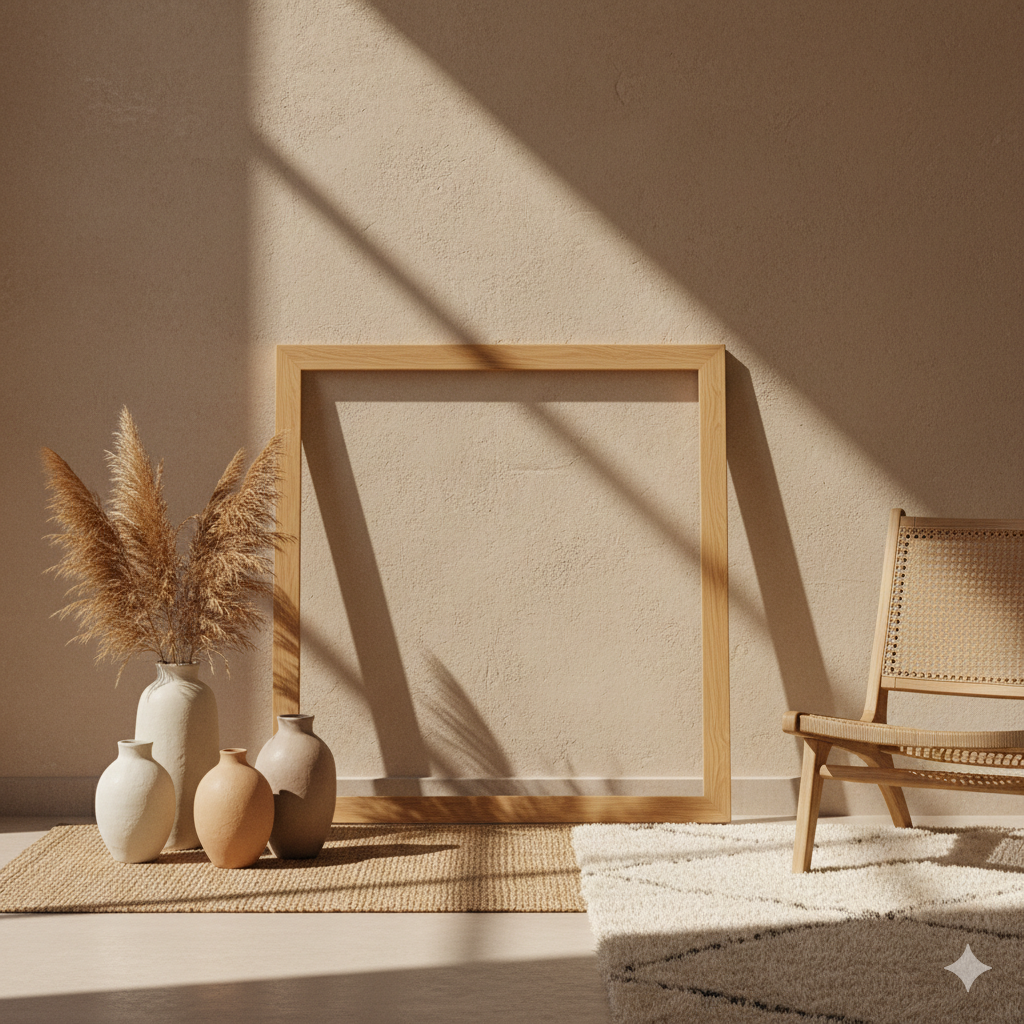 Minimal Moroccan artisan interior with ceramics, neutral rug, leaning mirror, and warm natural light for hospitality spaces