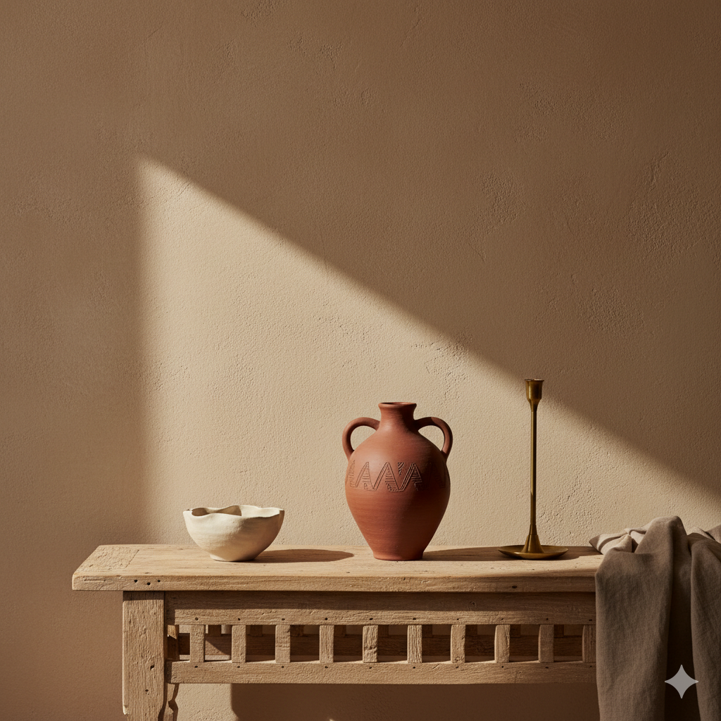 Curated Moroccan artisan objects displayed on a neutral console with warm natural light and tactile materials