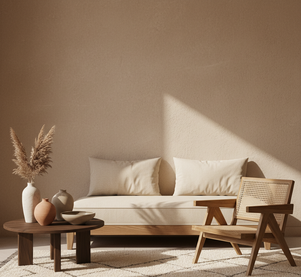 Refined Moroccan hospitality interior with artisan ceramics, neutral seating, woven rug, and warm natural light