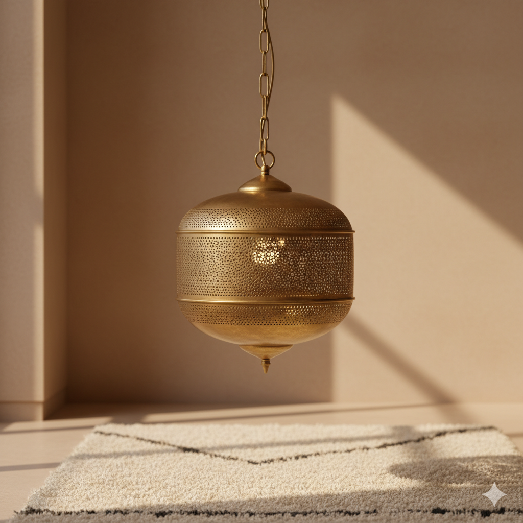 Handcrafted Moroccan pendant light in a warm neutral hospitality interior setting