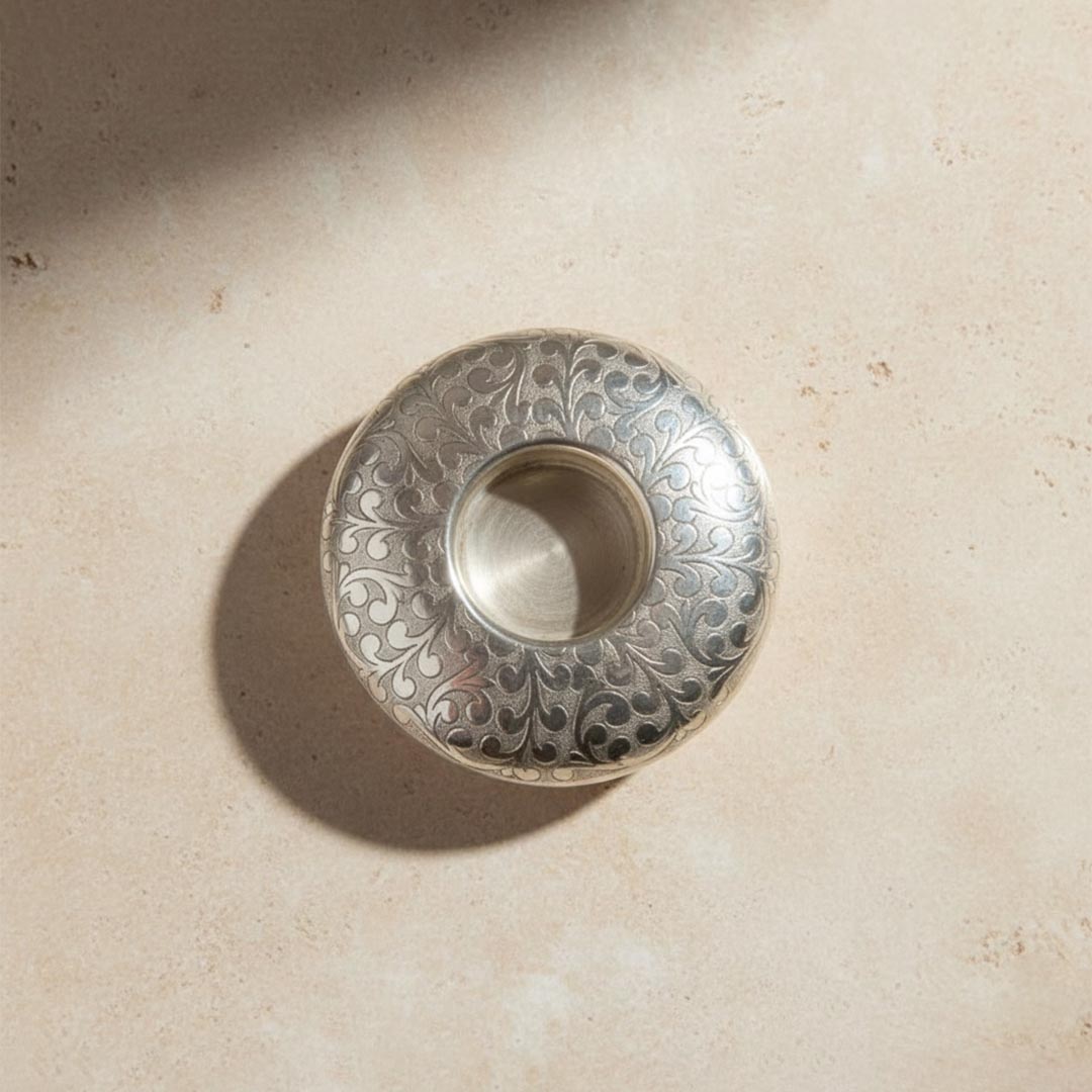 Handcrafted Moroccan chiseled nickel silver candle holder with floral pattern