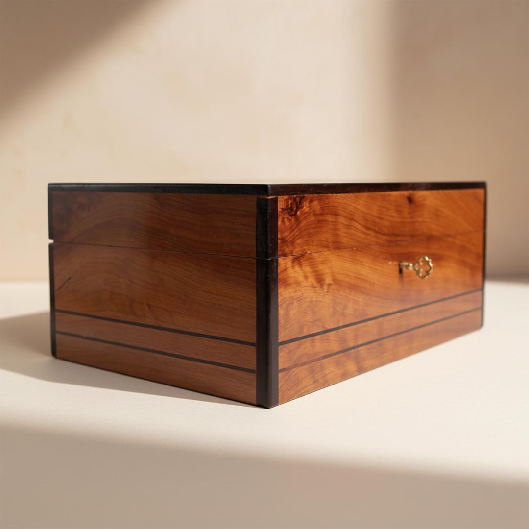 Handcrafted Moroccan thuya wood jewelry box with marquetry lid