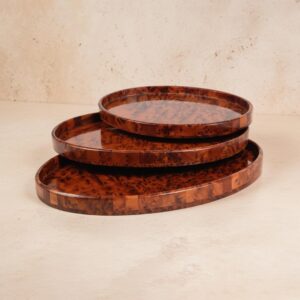 Handcrafted Moroccan thuya wood nesting tray set with three oval trays