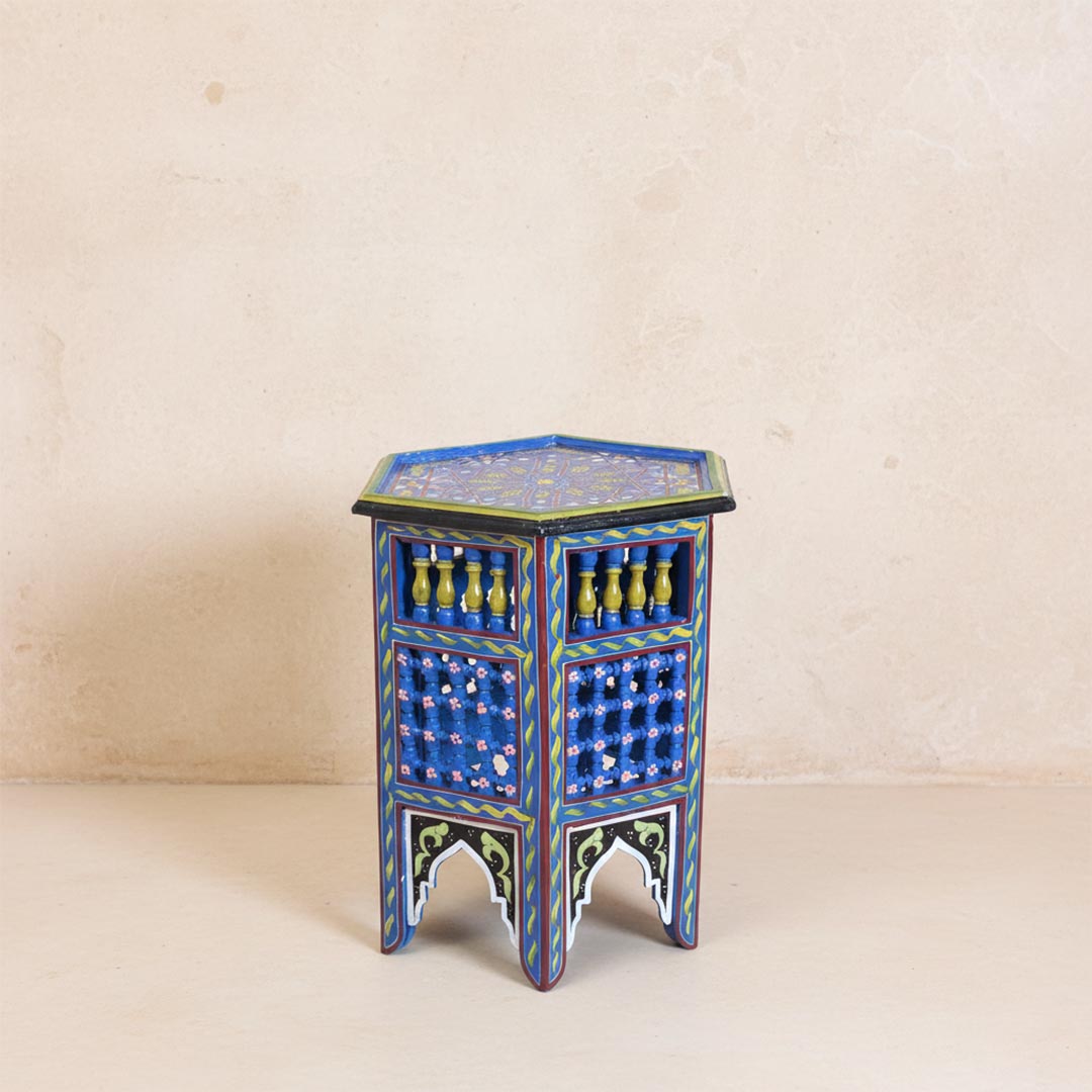 Handcrafted Moroccan deep blue zouak accent table with painted octagonal top