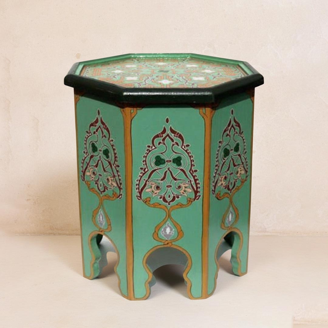 Handcrafted Moroccan mint green zouak accent table with painted octagonal top